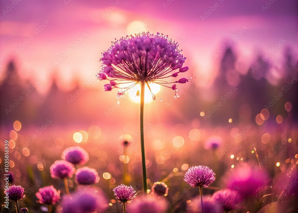 Silhouette of Pink Flower in Purple-Pink Field with Water Droplets for Stunning Nature Photography Silhouette of Pink Flower in Purple-Pink Field with Water Droplets for Stunning Nature Photography
