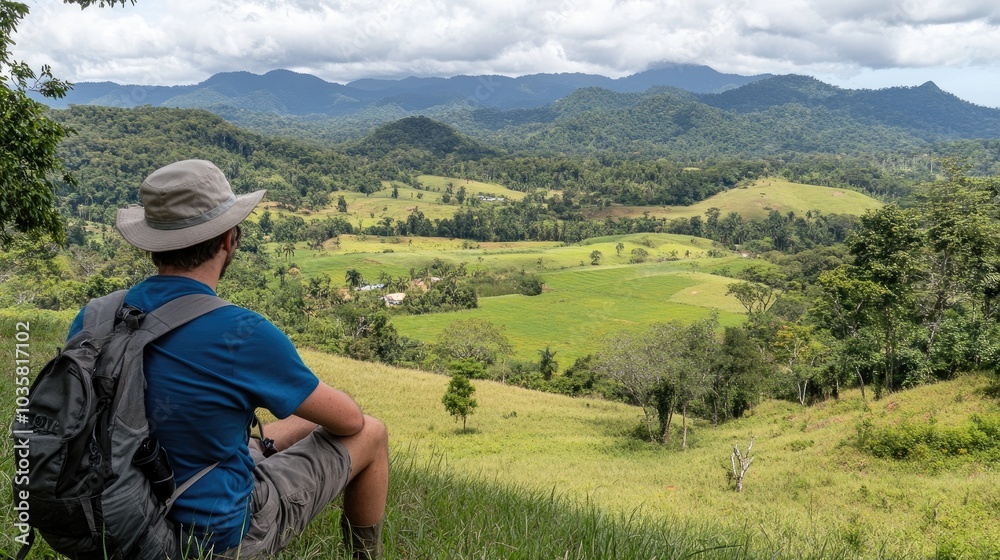 Serene Landscape View with Hiker in Nature Scene Serene Landscape View with Hiker in Nature Scene