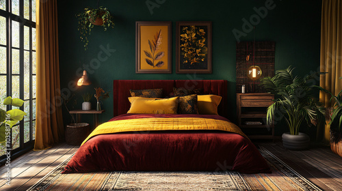 Moody Fall Bedroom: bedroom with deep jewel tones like burgundy, forest green, and mustard, velvet pillows, rich bedding, and autumn-inspired artwork for a moody fall ambiance.
