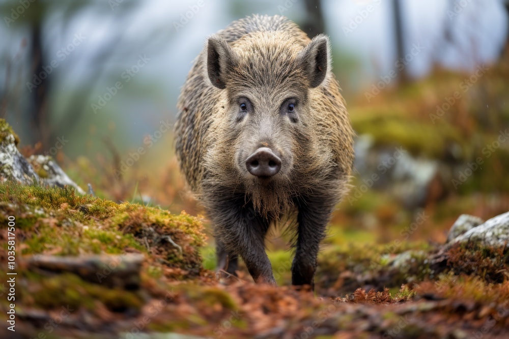 Wild boar in the autumn forest, natural environment, habitat, close up, Sus scrofa,ai generated Wild boar in the autumn forest, natural environment, habitat, close up, Sus scrofa,ai generated