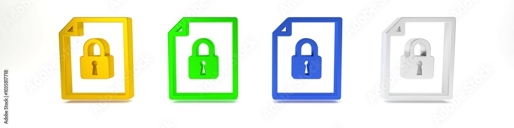 Colorful Document and lock icon isolated on white background. File format and padlock. Security, safety, protection concept. Minimalism concept. 3D render illustration Colorful Document and lock icon isolated on white background. File format and padlock. Security, safety, protection concept. Minimalism concept. 3D render illustration