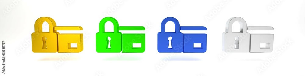 Colorful Credit card with lock icon isolated on white background. Locked bank card. Security, safety, protection concept. Concept of a safe payment. Minimalism concept. 3D render illustration Colorful Credit card with lock icon isolated on white background. Locked bank card. Security, safety, protection concept. Concept of a safe payment. Minimalism concept. 3D render illustration