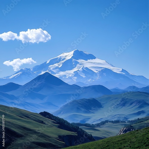 A serene landscape featuring a majestic snow-capped mountain under a clear blue sky.