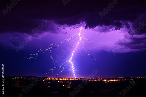 A thunderstorms and lightning in the distance, with a purple-hued sky and stormy weather conditions. creating a striking contrast against the dramatic sky.