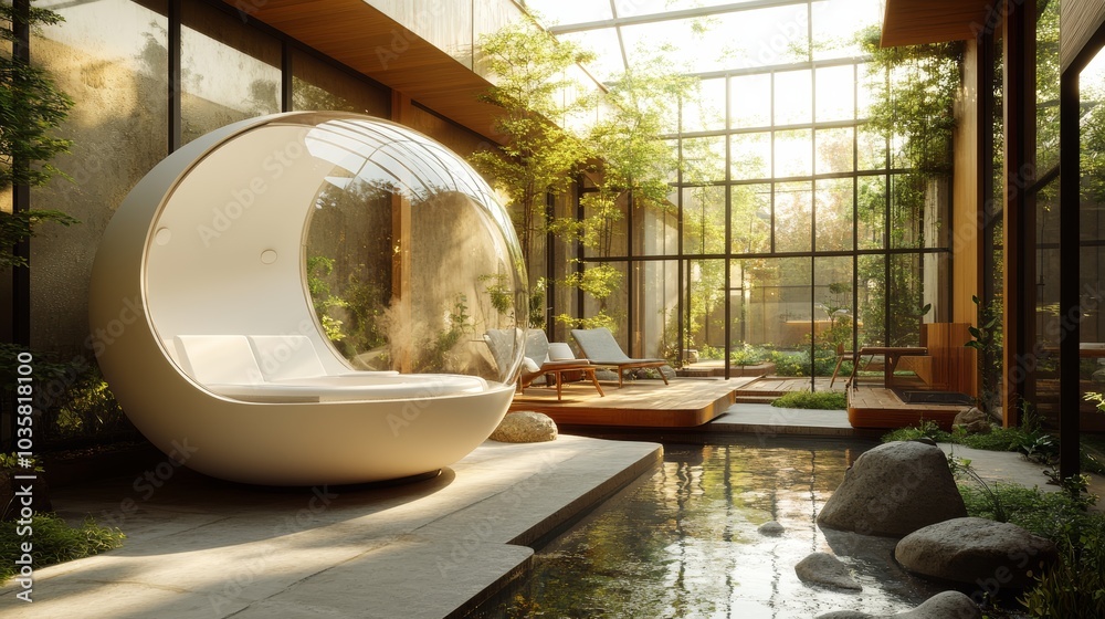 Φωτογραφία Modern Indoor Zen Garden with Futuristic Pod Chair and Natural Light in Contempo