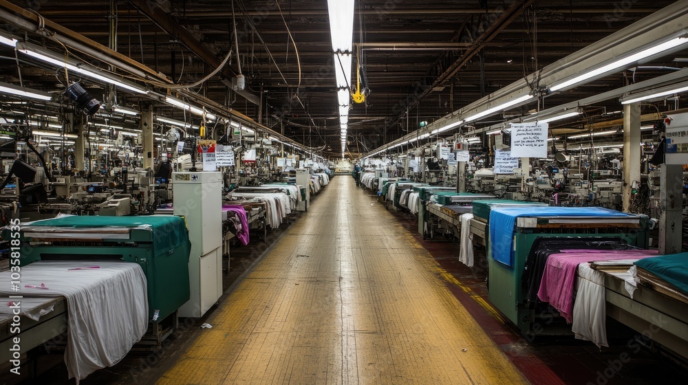 Textile Factory Interior with Rows of Machinery Textile Factory Interior with Rows of Machinery