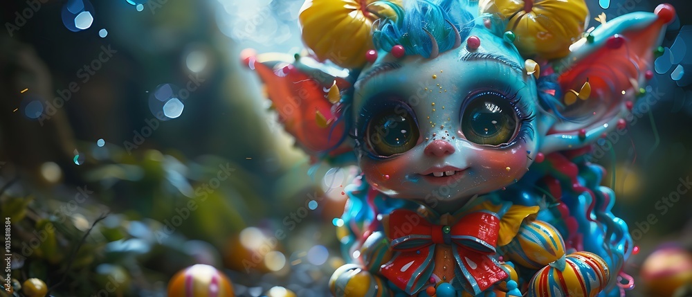Fototapeta premium Whimsical colorful creature with big eyes and cheerful expression in a magical forest setting perfect for fantasy art enthusiasts