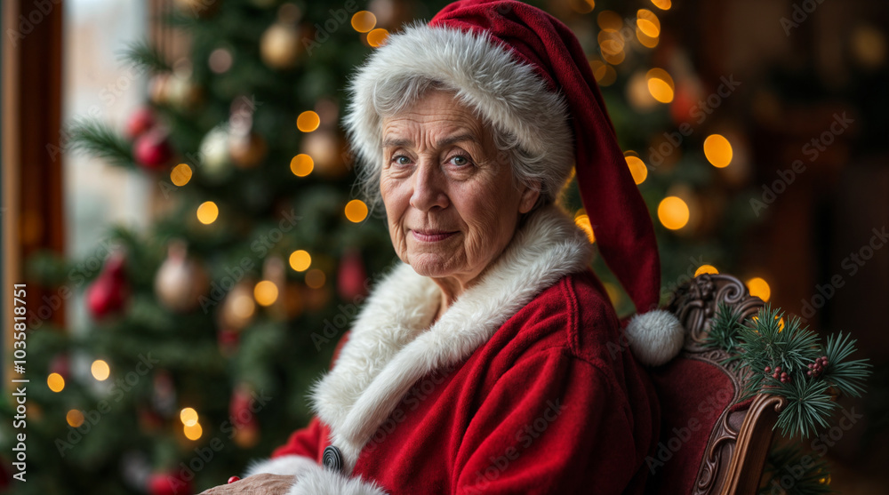 Elderly woman dressed in a Santa Claus costume, complete with a red suit and white beard, sitting in a chair with a festive Christmas tree in the background. Elderly woman dressed in a Santa Claus costume, complete with a red suit and white beard, sitting in a chair with a festive Christmas tree in the background.