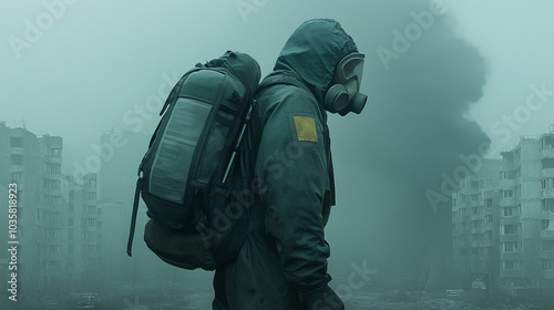 Person in a hazmat suit walking through a deserted, polluted city, crumbling buildings in the background