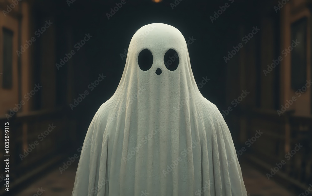 A mysterious ghost figure standing in a dimly lit hallway. A mysterious ghost figure standing in a dimly lit hallway.