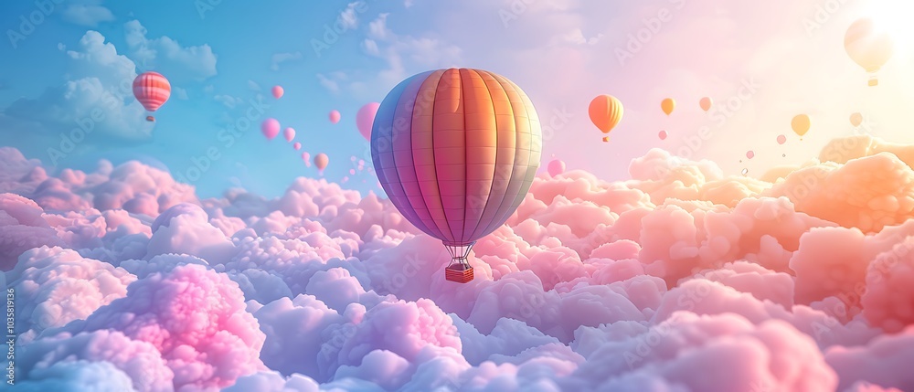 Obraz premium Breathtaking hot air balloons floating above dreamy cotton candy clouds at sunrise in a serene sky