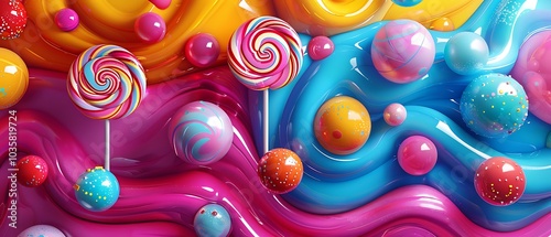 Vibrant swirls of candy colors a visual delight of lollipops and spherical treats against a glossy background