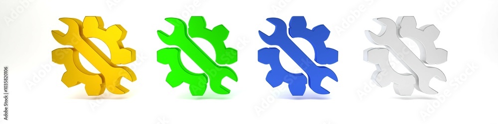Colorful Wrench and gear icon isolated on white background. Adjusting, service, setting, maintenance, repair, fixing. Minimalism concept. 3D render illustration Colorful Wrench and gear icon isolated on white background. Adjusting, service, setting, maintenance, repair, fixing. Minimalism concept. 3D render illustration
