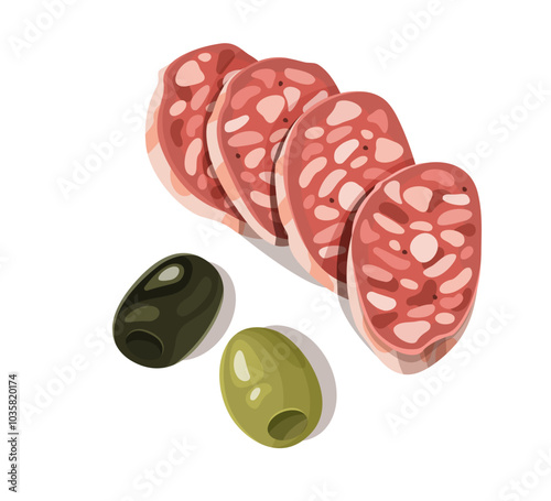 Sliced salami with green and black olives