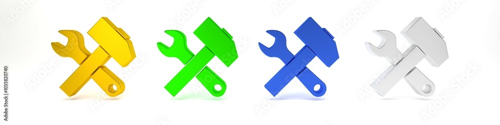 Colorful Crossed hammer and wrench icon isolated on white background. Hardware tools. Minimalism concept. 3D render illustration Colorful Crossed hammer and wrench icon isolated on white background. Hardware tools. Minimalism concept. 3D render illustration