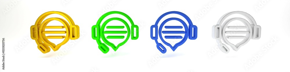 Colorful Headphones with speech bubble chat icon isolated on white background. Support customer service, hotline, call center, faq, maintenance. Minimalism concept. 3D render illustration Colorful Headphones with speech bubble chat icon isolated on white background. Support customer service, hotline, call center, faq, maintenance. Minimalism concept. 3D render illustration