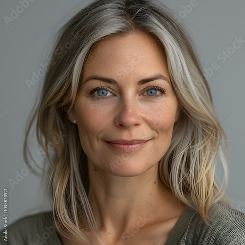  A portrait of a confident woman with gray hair and blue eyes, radiating natural beauty and grace