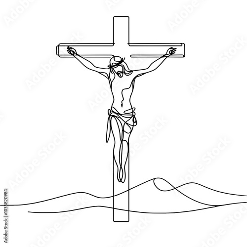 Jesus crucified on the cross, simple continuous black line drawing, minimalistic, single unbroken line, vector, transparent background