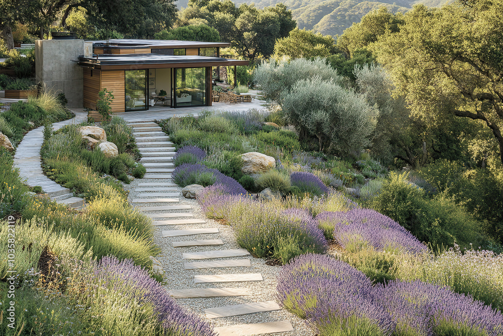 Obraz premium A picturesque stone path leads to a charming house, surrounded by an array of plants and trees in a vibrant garden where lavender takes center stage. Gravel covers the ground.