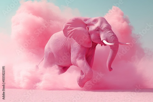 Surreal Photograph of a Pink Elephant Jumping in the Air Against a Pastel-Colored Desert Background

