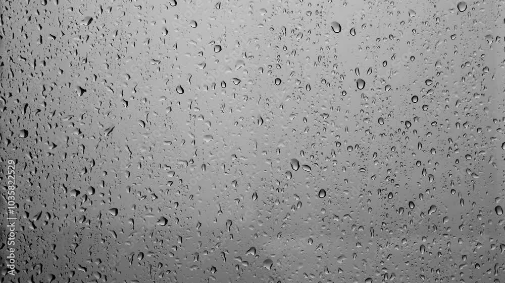Raindrops falling down the window glass. Abstract background of raindrops in gray tones