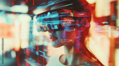 Girl in hi-tech VR glasses with elements of artificial intelligence. Background in a high-tech style. Shining lines and patterns resembling neural networks, connections, and digital circuits.