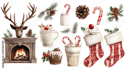 Festive Christmas decorations with pine cone, golden star, bell with ribbon, and holly leaves