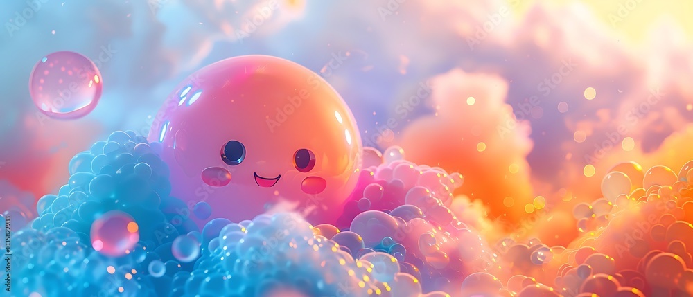Whimsical bubble creature floating in a dreamy colorful cloudscape capturing joy and playfulness in a surreal environment Whimsical bubble creature floating in a dreamy colorful cloudscape capturing joy and playfulness in a surreal environment