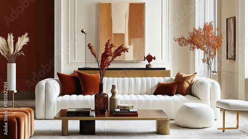 Modern Fall Elegance: Create a minimalist space featuring neutral tones with pops of burnt orange and deep red. Use sleek furniture and gold accents for a contemporary fall look.