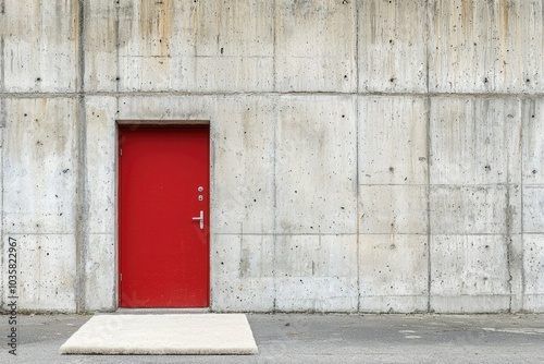 A Red Door Set Against a Concrete Wall with a White Rug in Front photo