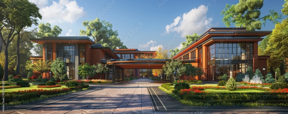 Fototapeta premium Modern Luxury Real Estate Property with Beautiful Landscaping and Contemporary Architecture