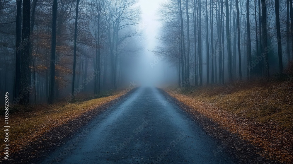 Fototapeta premium A Serene Misty Road Cutting Through a Tranquil Forest, Embraced by Nature's Calm Fog