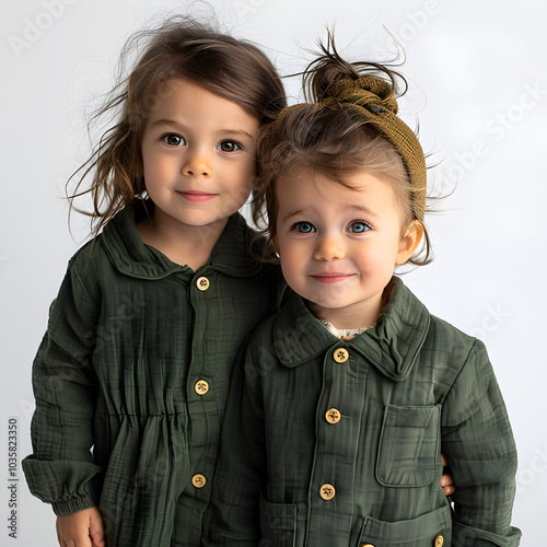 Two young girls in green jackets, standing next to each other, smiling warmly at the camera