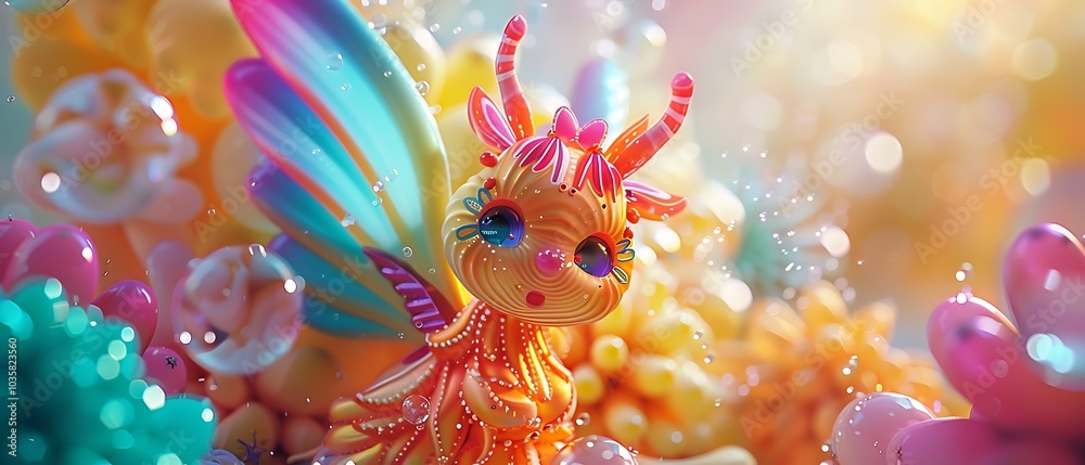 Whimsical and colorful fantasy creature with delightful wings surrounded by a vibrant environment of blooms and bubbles Whimsical and colorful fantasy creature with delightful wings surrounded by a vibrant environment of blooms and bubbles