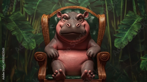 A regal hippo sitting in a grand chair surrounded by lush jungle foliage exuding authority and character