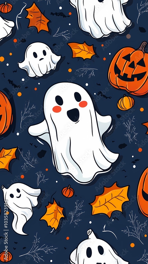 Playful Halloween pattern featuring cheerful ghosts and pumpkins. Playful Halloween pattern featuring cheerful ghosts and pumpkins.