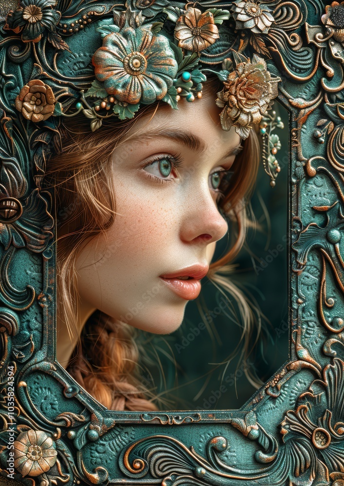 Intricate Collage Art of a Young Woman with Floral and Ornamental Frame in Vintage Style Intricate Collage Art of a Young Woman with Floral and Ornamental Frame in Vintage Style