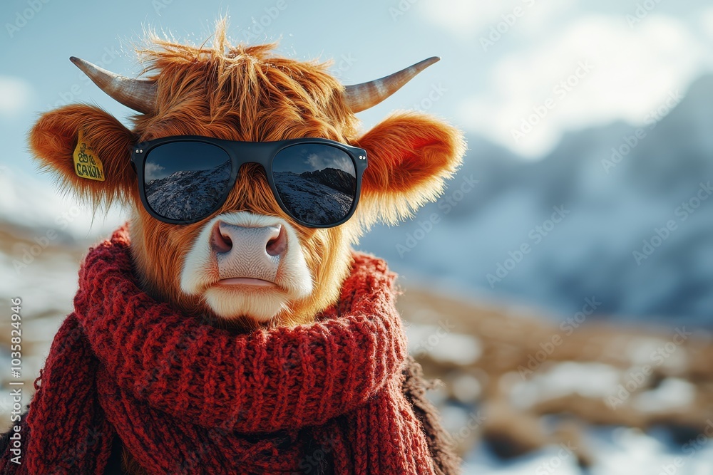 Photorealistic Image of a Funny Cow Wearing a Red Scarf and Black Sunglasses Against Winter Mountains and a Blue Sky
Photorealistic Image of a Funny Cow Wearing a Red Scarf and Black Sunglasses Against Winter Mountains and a Blue Sky