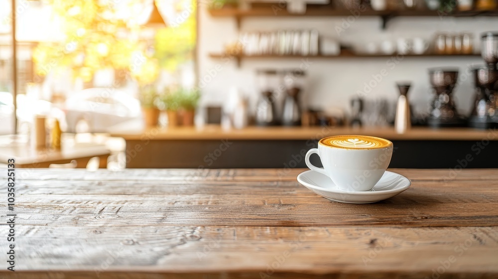 Obraz premium Coffee cup on wooden table with cozy cafe background, warm sunlight filtering in.