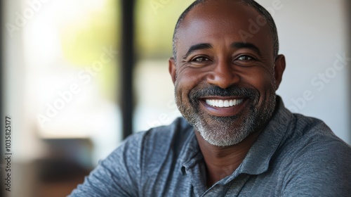 Smiling Man in Casual Gray Shirt