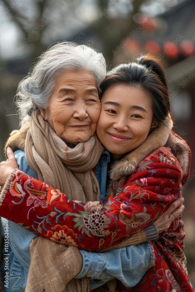 Heartwarming Moment Between Mother and Daughter Embracing Outdoors in Cozy Winter Clothing Heartwarming Moment Between Mother and Daughter Embracing Outdoors in Cozy Winter Clothing