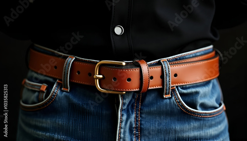 Close-up of a leather belt with jeans in a casual outfit against a dark background