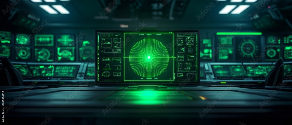Fototapeta premium Futuristic control room interface featuring green digital displays.