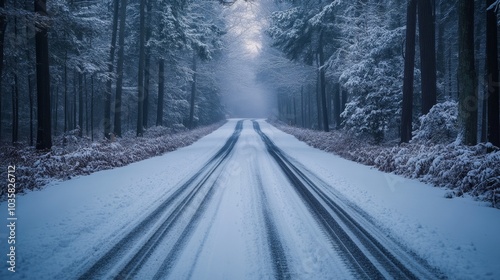 Serene Snow-Covered Roadway Under a Misty Forest Canopy: A Winter Wonderland Awaits