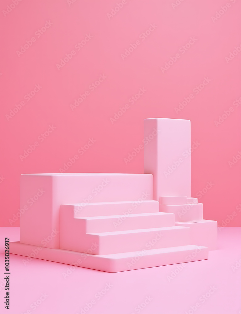 A 3D render showcases a geometric display stand with a vibrant pink background for presenting beauty products. A 3D render showcases a geometric display stand with a vibrant pink background for presenting beauty products.