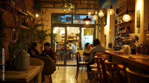 A cozy cafe interior, aromatic coffee and people enjoying leisurely conversations, Romantic style