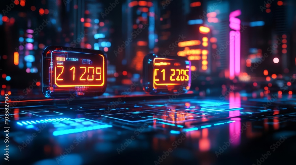 Floating time markers, digital display, dark sci-fi city, vibrant glow Floating time markers, digital display, dark sci-fi city, vibrant glow