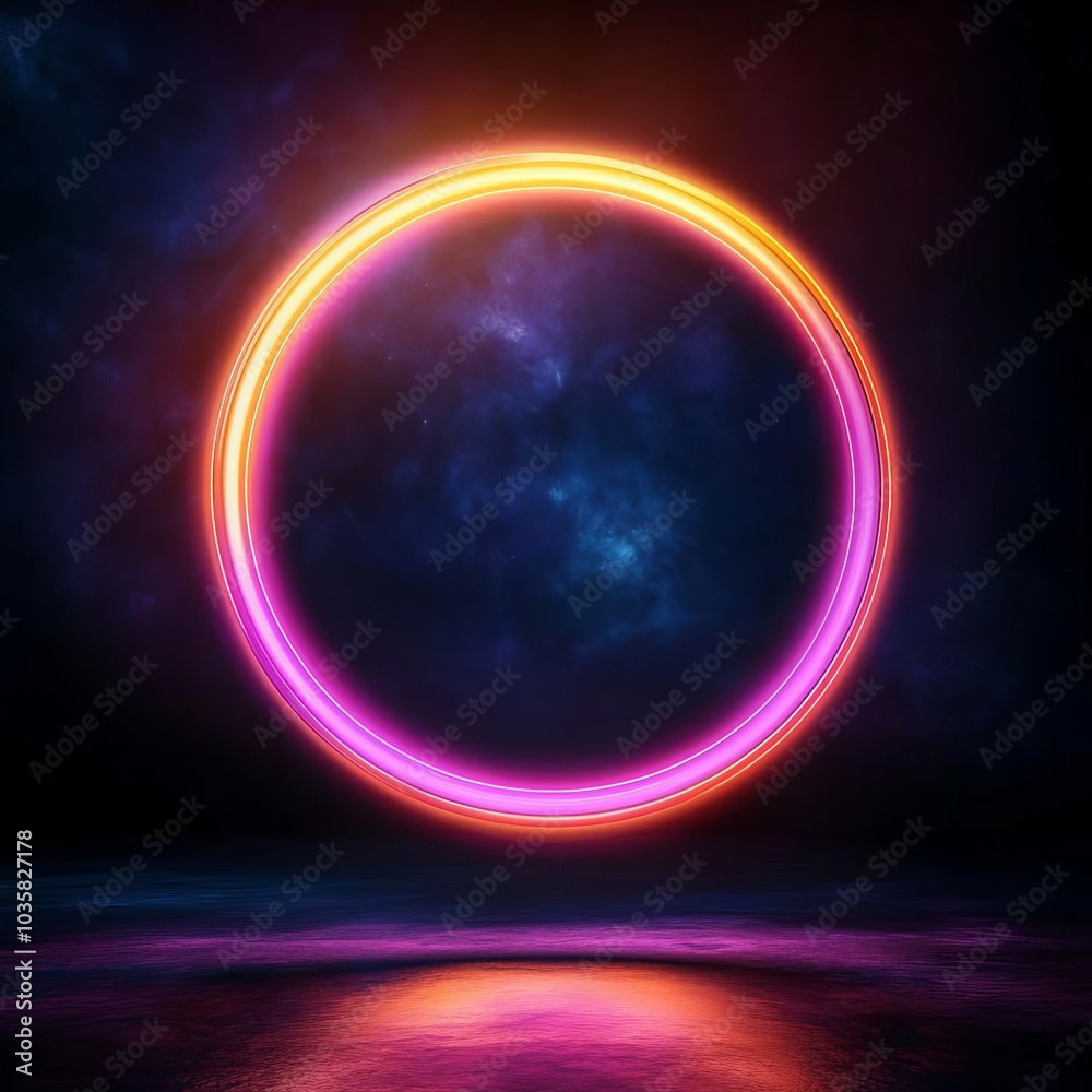 Obraz premium Floating time ring, bright neon, dark sci-fi backdrop, cosmic glow