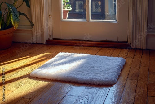 A White Shag Rug on a Hardwood Floor with Sunlight Streaming Through a Window photo