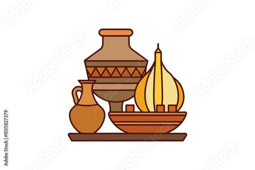 Ancient jar pottery and tea set vector graphics, High-quality illustration for home decor and design projects